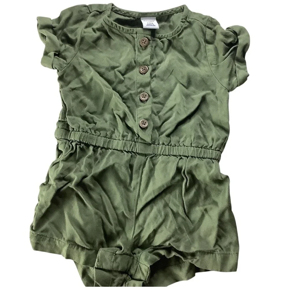 Old Navy Baby Girl Green Romper Jumpsuit‎ Button Elastic Waist Short Sleeve 3-6M